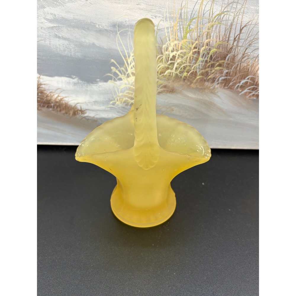 Vintage Frosted Yellow Satin Glass Basket Ruffled Rim Decorative Handle 7.5in